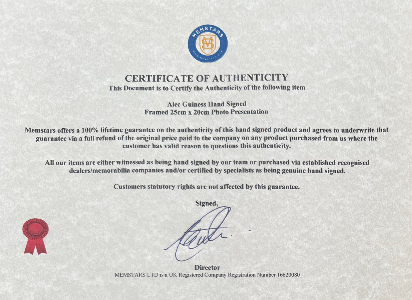 Sir Alec Guiness, Hand Signed Framed 25cm x 20cm Original Film Photo With COA