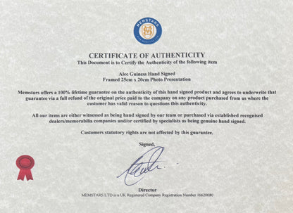 Sir Alec Guiness, Hand Signed Framed 25cm x 20cm Original Film Photo With COA