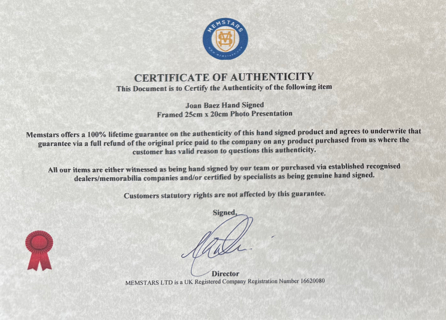 Joan Baez, Folk Singer, Cultural Icon, Hand Signed Framed Photo With COA