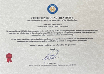 Joan Baez, Folk Singer, Cultural Icon, Hand Signed Framed Photo With COA