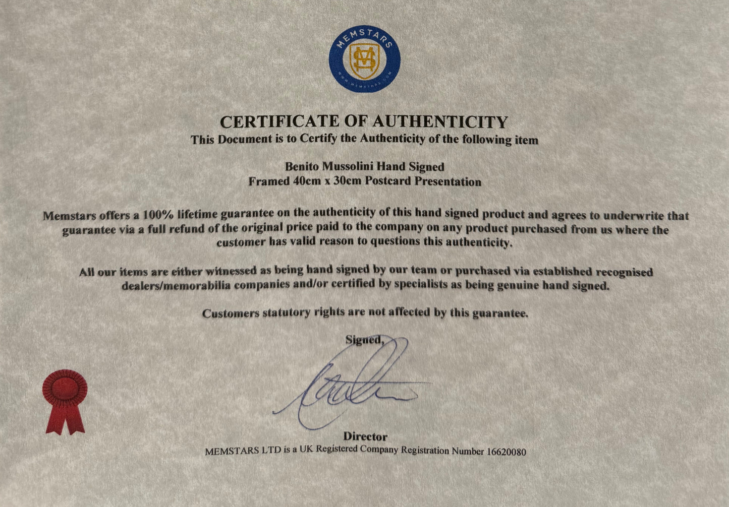 Benito Mussolini, Former Italian WWII Fascist Dictator, Hand Signed Card Presentation & COA