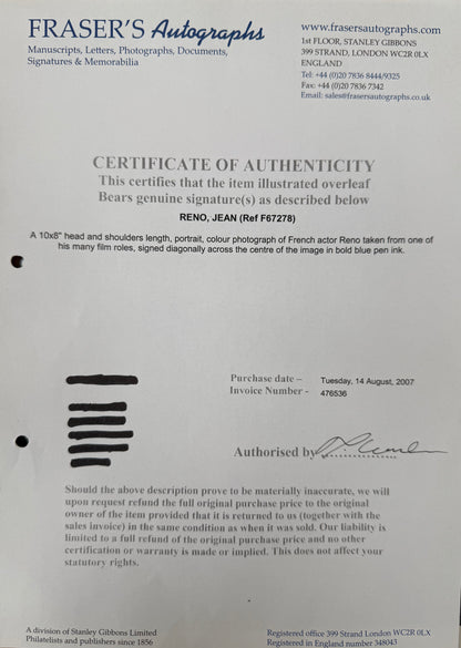 Jean Reno, French, Spanish Actor, Hand Signed Framed, Publicity Photo & COA