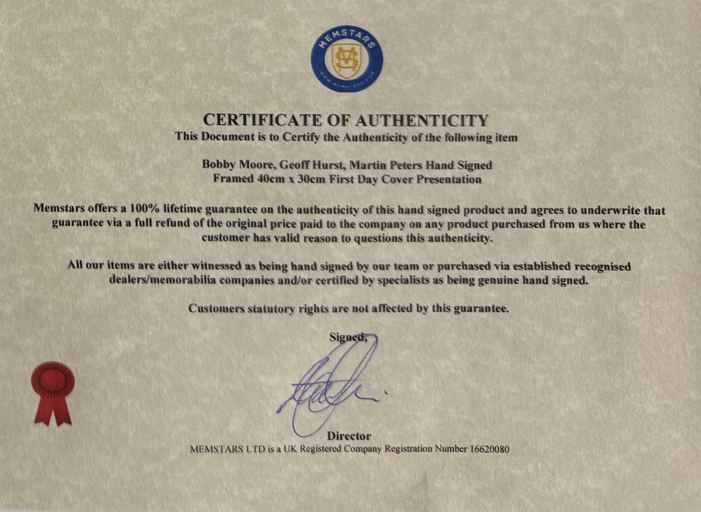 Moore, Hurst, Peters, West Ham United Legends Guaranteed Hand Signed First Day Cover Presentation & COA