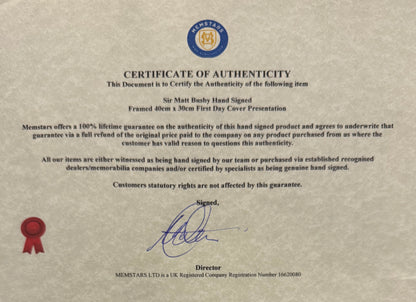 Matt Busby, Manchester United Legend, Stunning Hand Signed FDC Presentation & COA