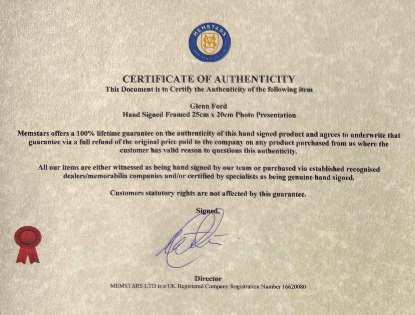 Glenn Ford Hand Signed Framed 25cm x 20cm Publicity Photo & COA