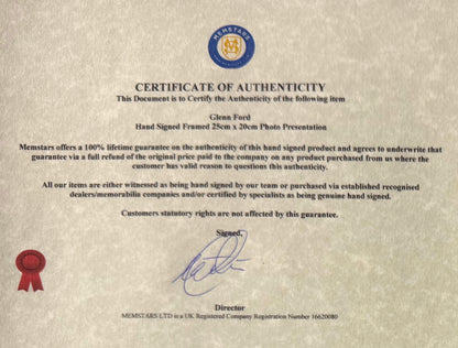 Glenn Ford Hand Signed Framed 25cm x 20cm Publicity Photo & COA