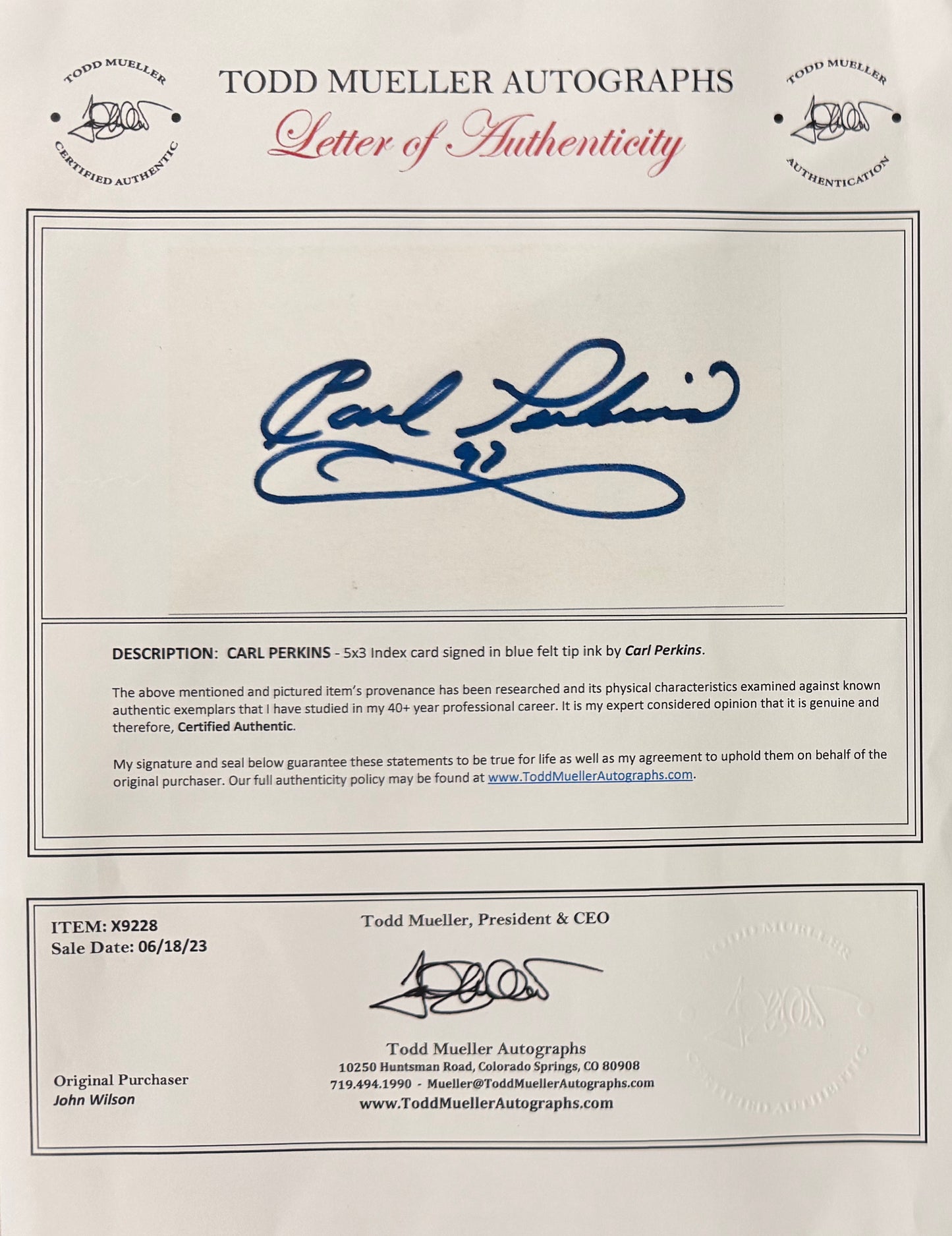 Carl Perkins, Singer, Guitarist, Hand Signed Framed 25cm x 20cm Original Photo & COA