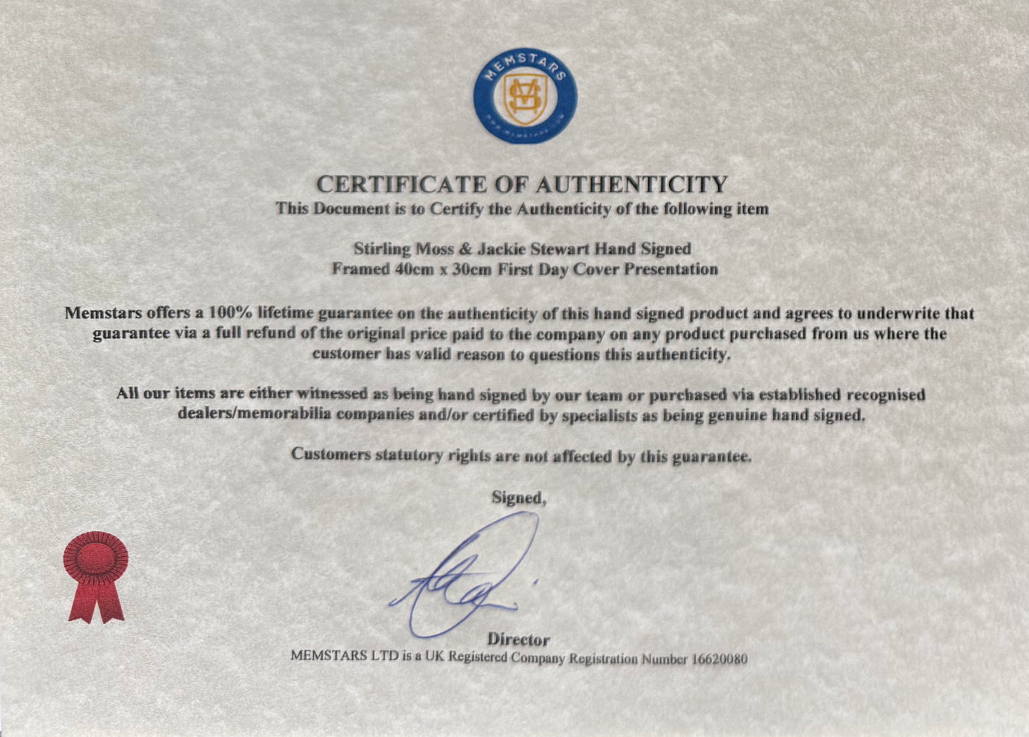 Sir Jackie Stewart, Stirling Moss, F1 Legends, Hand Signed Limited Edition First Day Cover (FDC) Presentation & COA