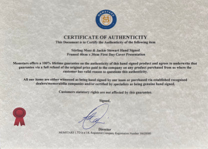 Sir Jackie Stewart, Stirling Moss, F1 Legends, Hand Signed Limited Edition First Day Cover (FDC) Presentation & COA