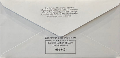 Greg Norman, Golf Legend, Hand Signed First Day Cover FDC 40cm x 30cm Framed With COA