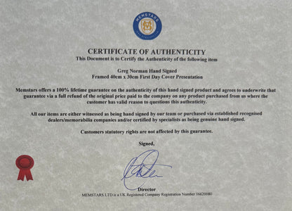 Greg Norman, Golf Legend, Hand Signed First Day Cover FDC 40cm x 30cm Framed With COA