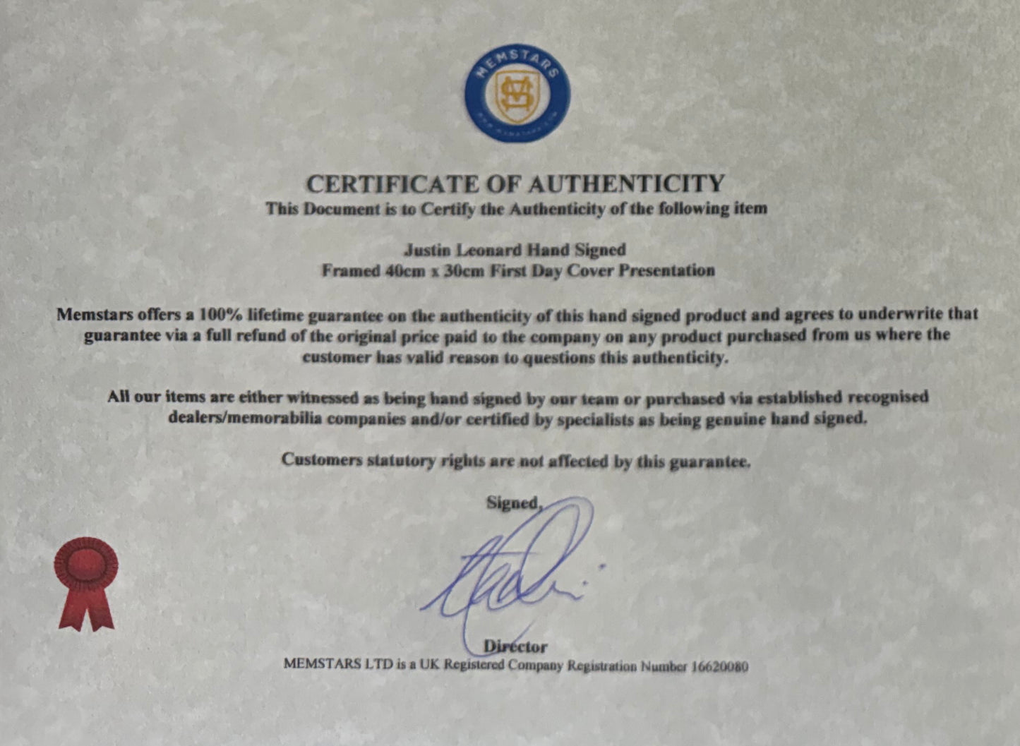 Justin Leonard, Golf Legend, Hand Signed First Day Cover FDC 40cm x 30cm Framed With COA