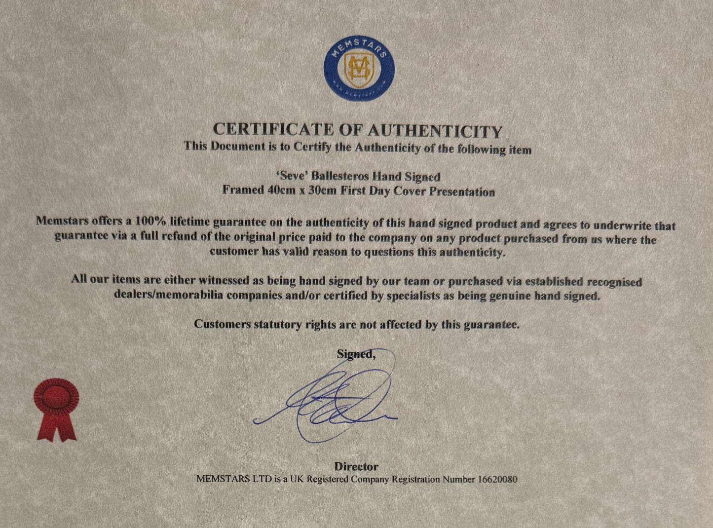 Seve Ballesteros, Golf Legend, Hand Signed First Day Cover FDC 40cm x 30cm Framed With COA