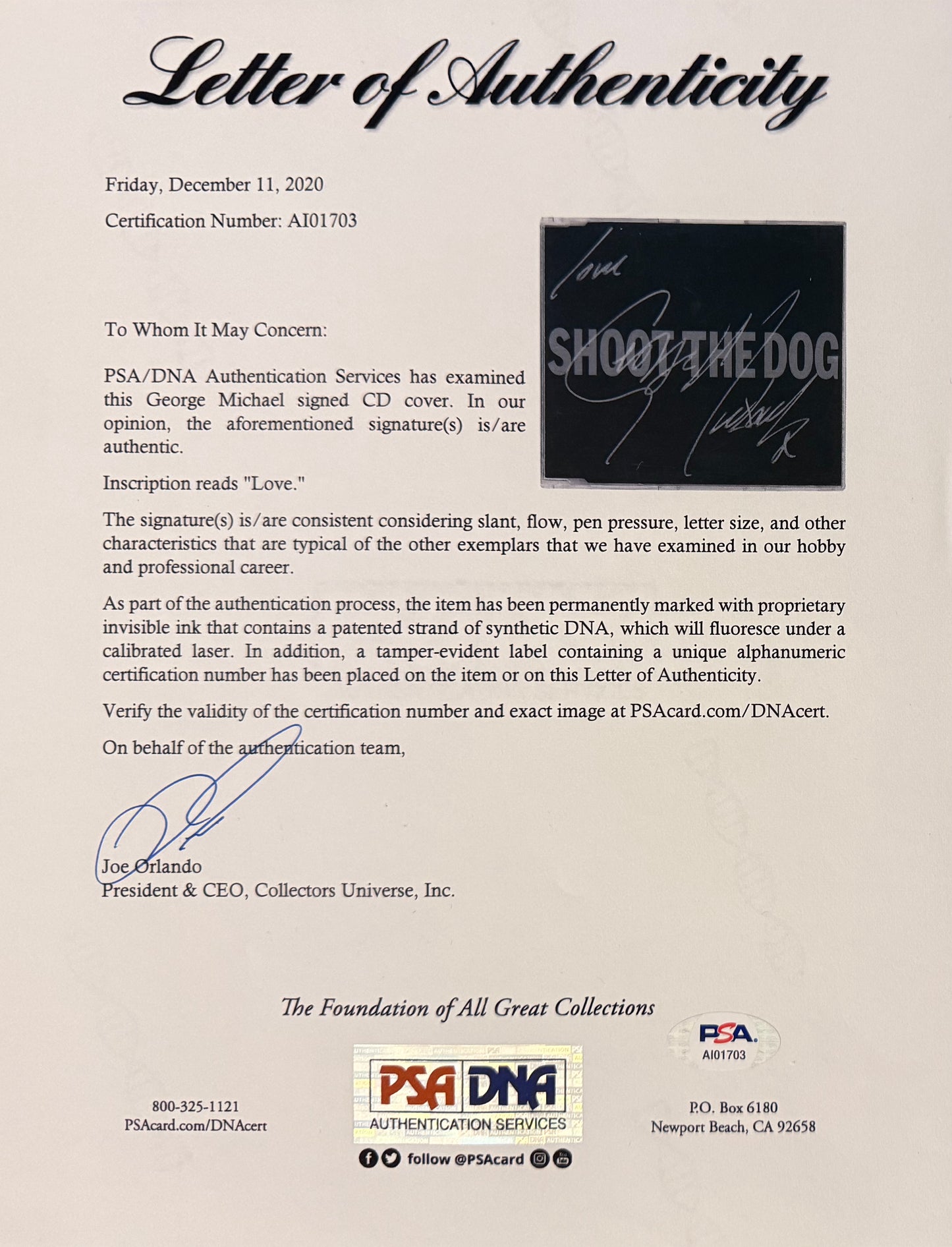 George Michael, Hand Signed Framed CD Cover Presentation & PSA COA