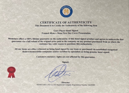 Gary Player, Golf Legend, Hand Signed First Day Cover FDC 40cm x 30cm Framed With COA