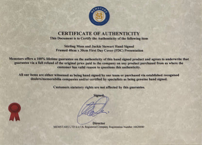 Sir Jackie Stewart, Stirling Moss, F1 Legends, Hand Signed Limited Edition First Day Cover (FDC) Presentation & COA