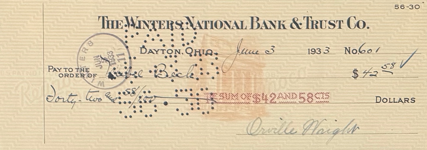 Orville Wright, The 'Wright Brothers', Iconic Aviators, Hand Signed Cheque With COA