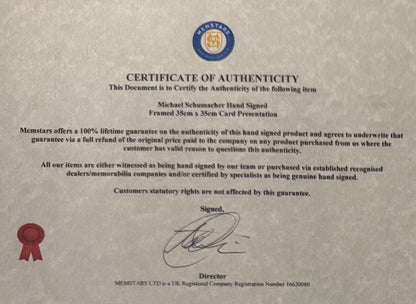 Michael Schumacher, F1 Legend, Hand Signed Framed Photo Presentation With COA