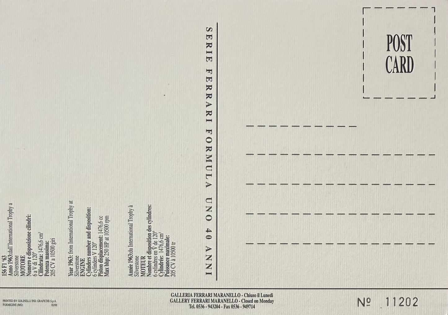 John Surtees, F1, Motorcycle, Ferrari Legend, Hand Signed Official Ferrari Postcard & COA