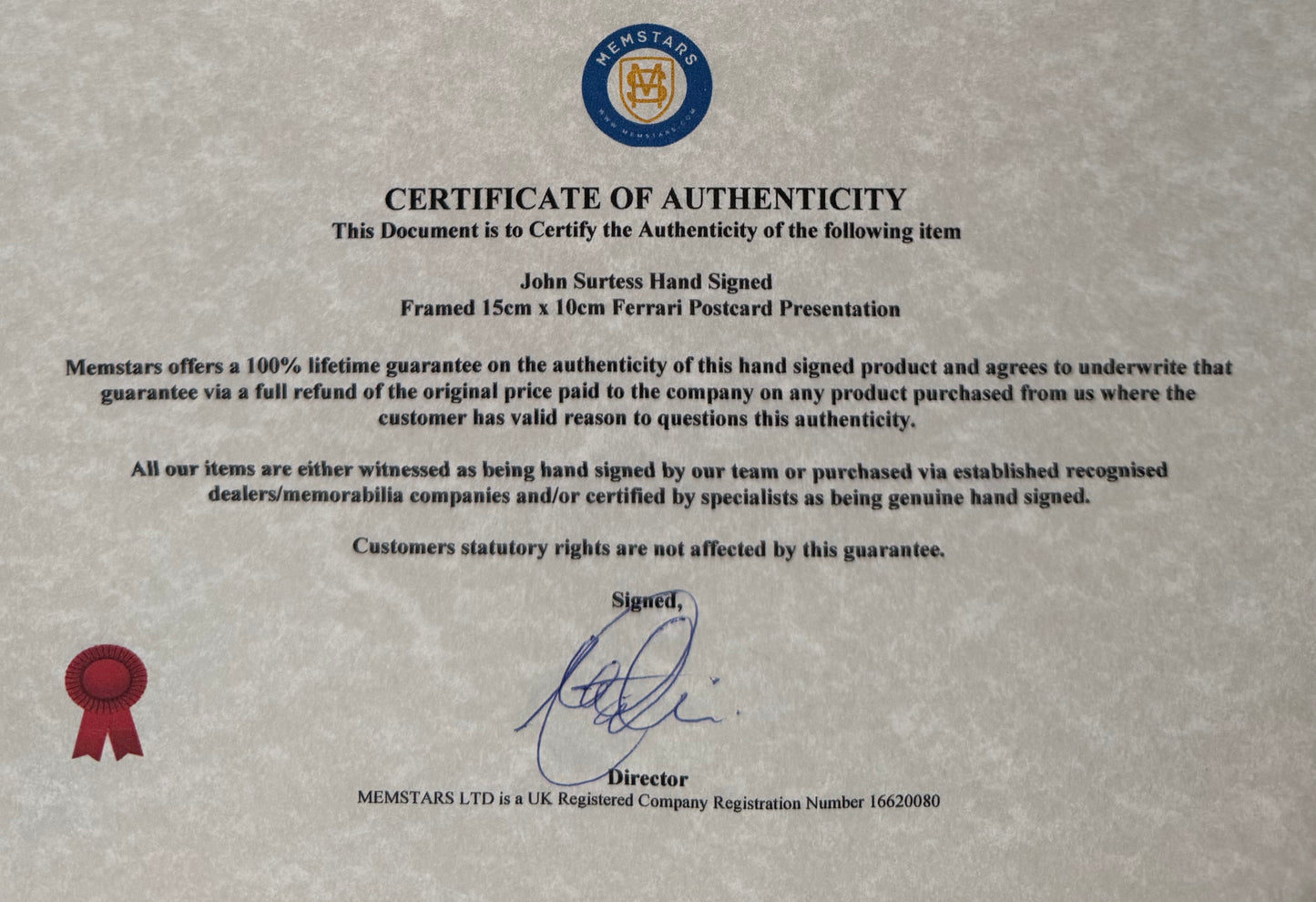 John Surtees, F1, Motorcycle, Ferrari Legend, Hand Signed Official Ferrari Postcard & COA