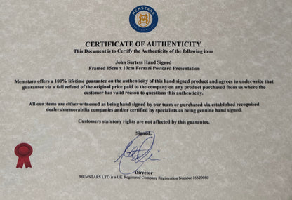 John Surtees, F1, Motorcycle, Ferrari Legend, Hand Signed Official Ferrari Postcard & COA