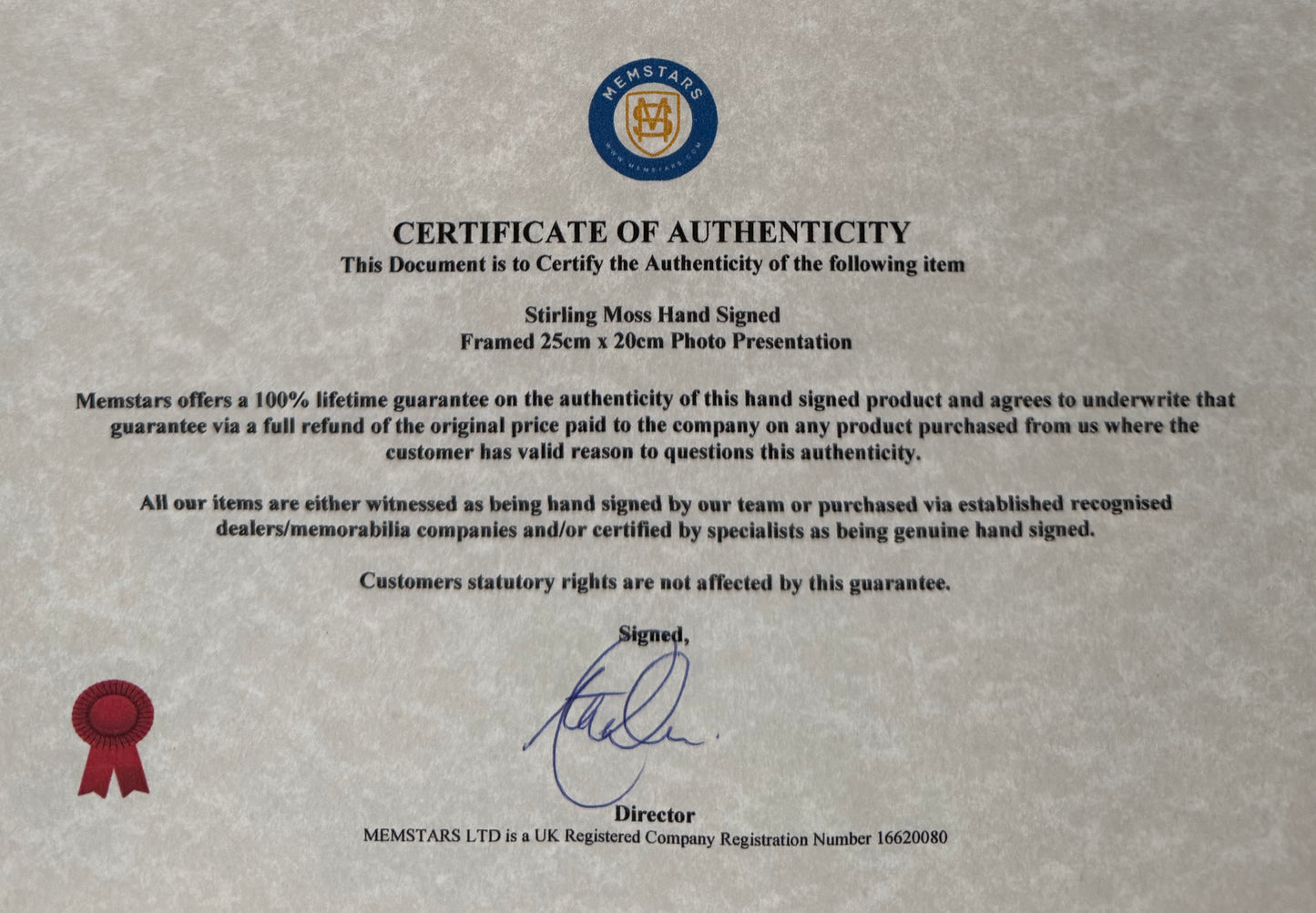 Sir Stirling Moss Hand Signed Framed 25cm x 20cm Photo With COA