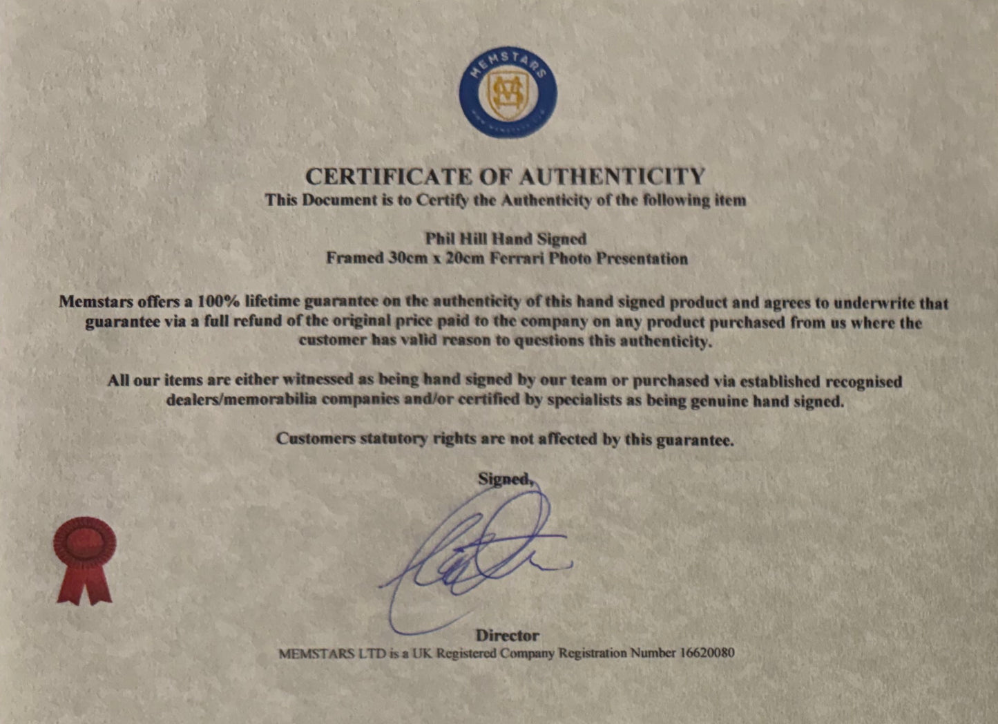 Phil Hill, F1 Ferrari Legend, Hand Signed Photo & COA