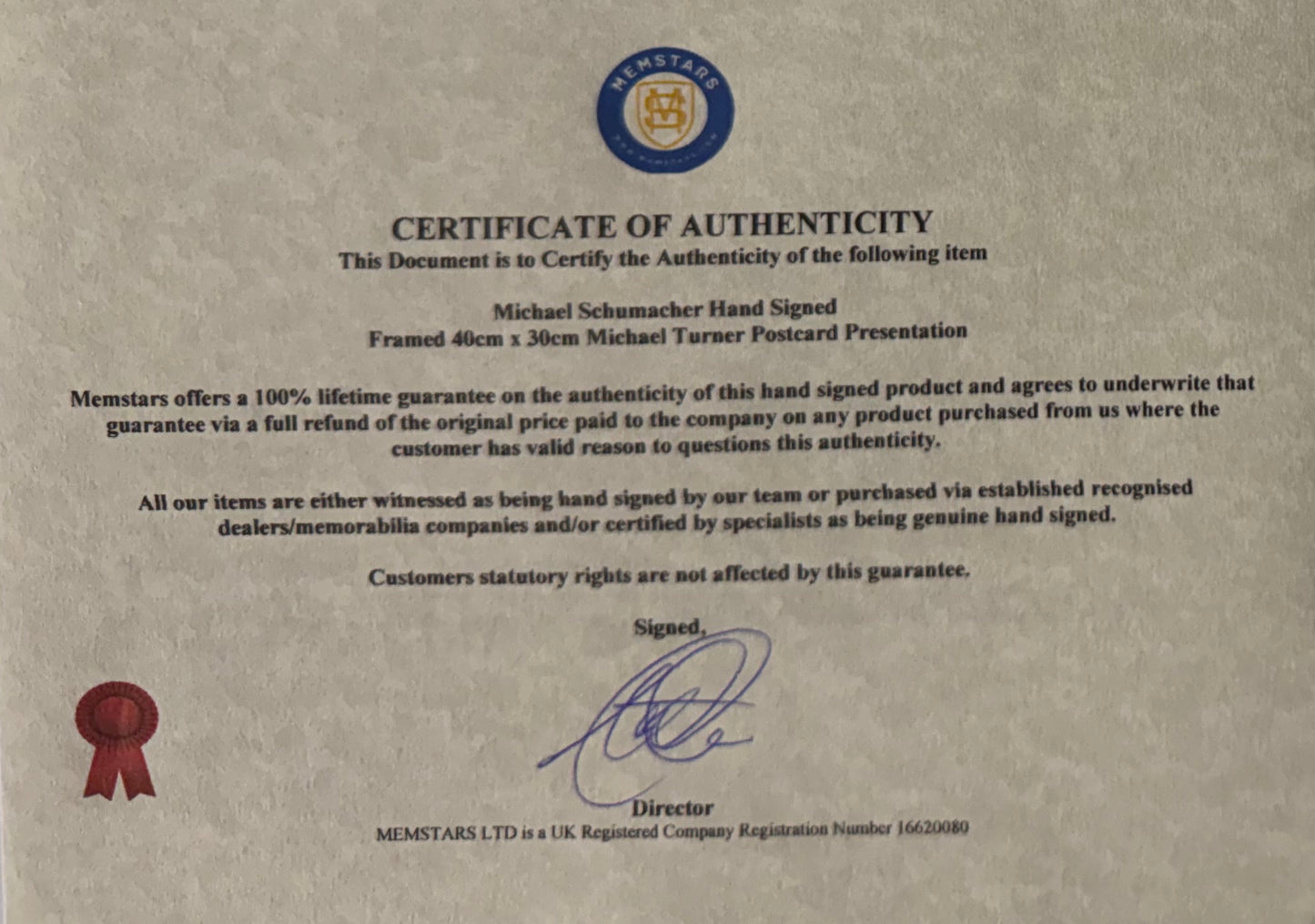 Michael Schumacher, F1 Legend, Hand Signed Framed Michael Turner Photocard Presentation With COA