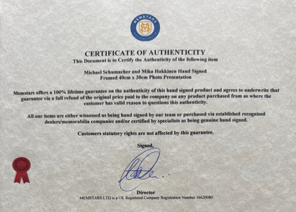 Michael Schumacher, Mika Hakkinen, F1 Legends, Hand Signed Framed Michael Turner Presentation & COA
