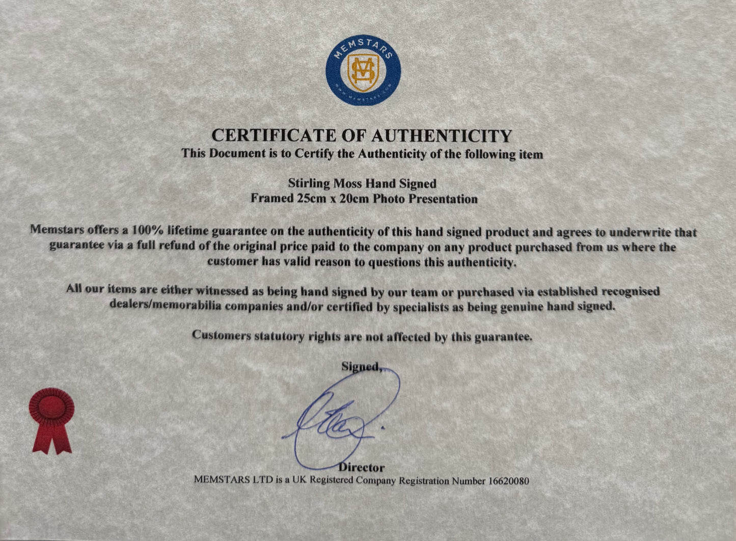 Sir Stirling Moss Hand Signed Framed 25cm x 20cm Michael Turner Print With COA