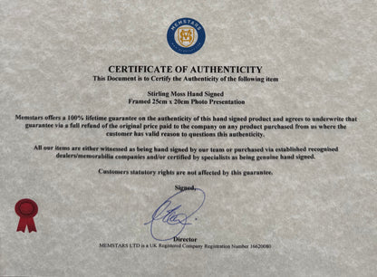 Sir Stirling Moss Hand Signed Framed 25cm x 20cm Michael Turner Print With COA