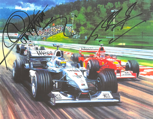 Michael Schumacher, Mika Hakkinen, F1 Legends, Hand Signed Framed Michael Turner Presentation & COA