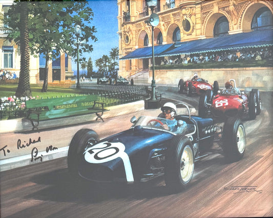 Sir Stirling Moss Hand Signed Framed 25cm x 20cm Michael Turner Print With COA
