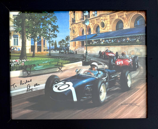 Sir Stirling Moss Hand Signed Framed 25cm x 20cm Michael Turner Print With COA