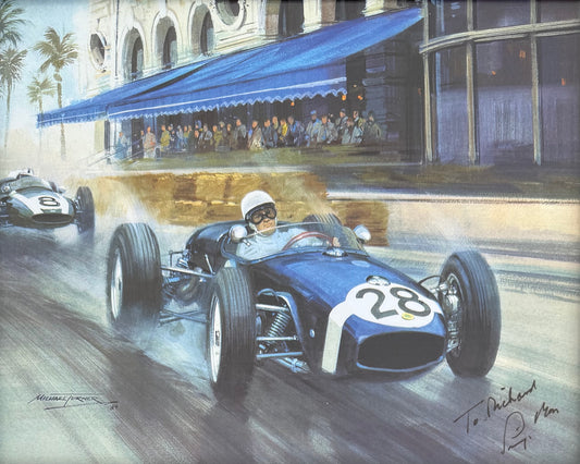 Sir Stirling Moss Hand Signed Framed 25cm x 20cm Michael Turner Print With COA