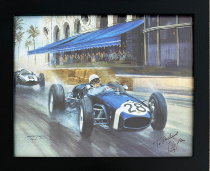 Sir Stirling Moss Hand Signed Framed 25cm x 20cm Michael Turner Print With COA