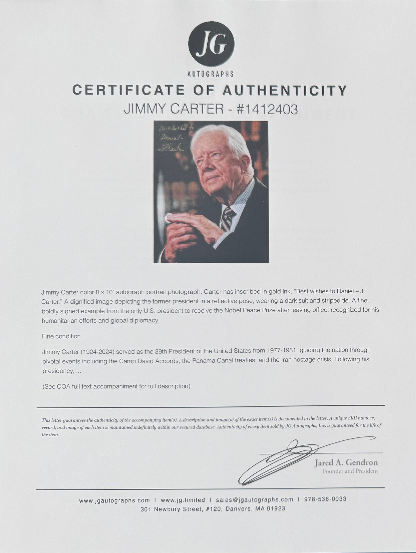 Jimmy Carter, Former President of the USA, Hand Signed Photo Presentation, With COA