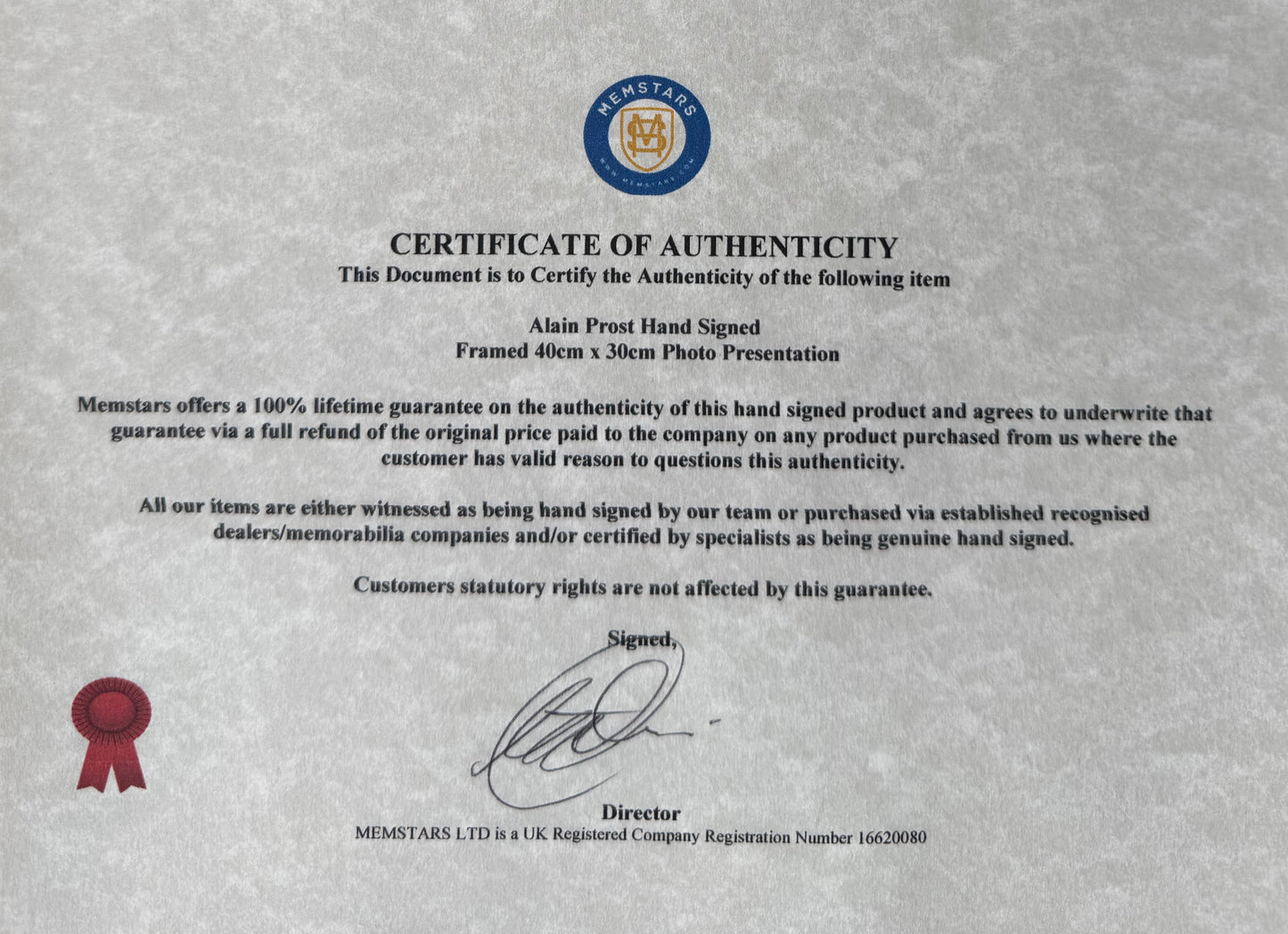 Alain Prost, Hand Signed Professionally Framed Williams Card Presentation & COA