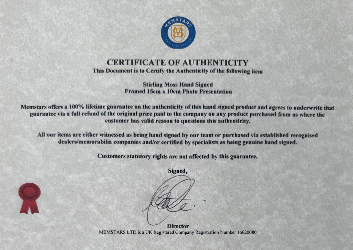 Sir Stirling Moss Hand Signed Framed 15cm x 10cm Photo With COA