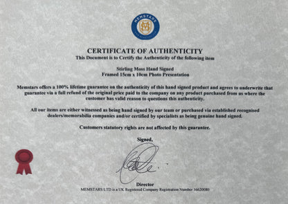 Sir Stirling Moss Hand Signed Framed 15cm x 10cm Photo With COA