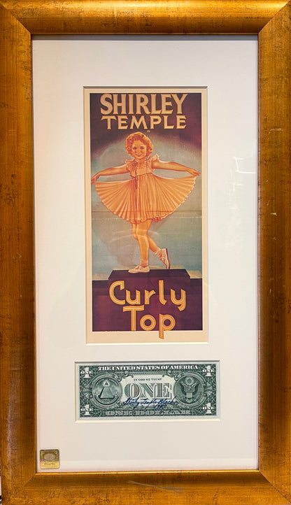 SHIRLEY TEMPLE HAND SIGNED DOLLAR BILL PRESENTATION 50cm X 30cm WITH COA