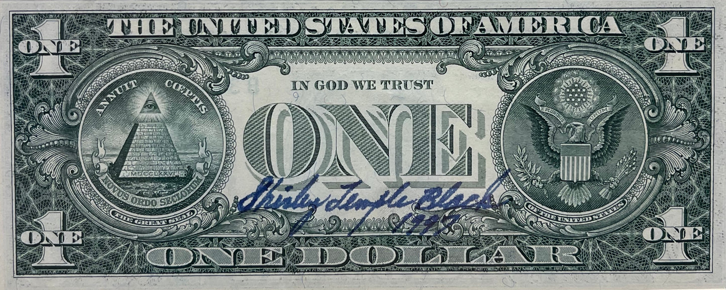 SHIRLEY TEMPLE HAND SIGNED DOLLAR BILL PRESENTATION 50 X 30cm WITH COA