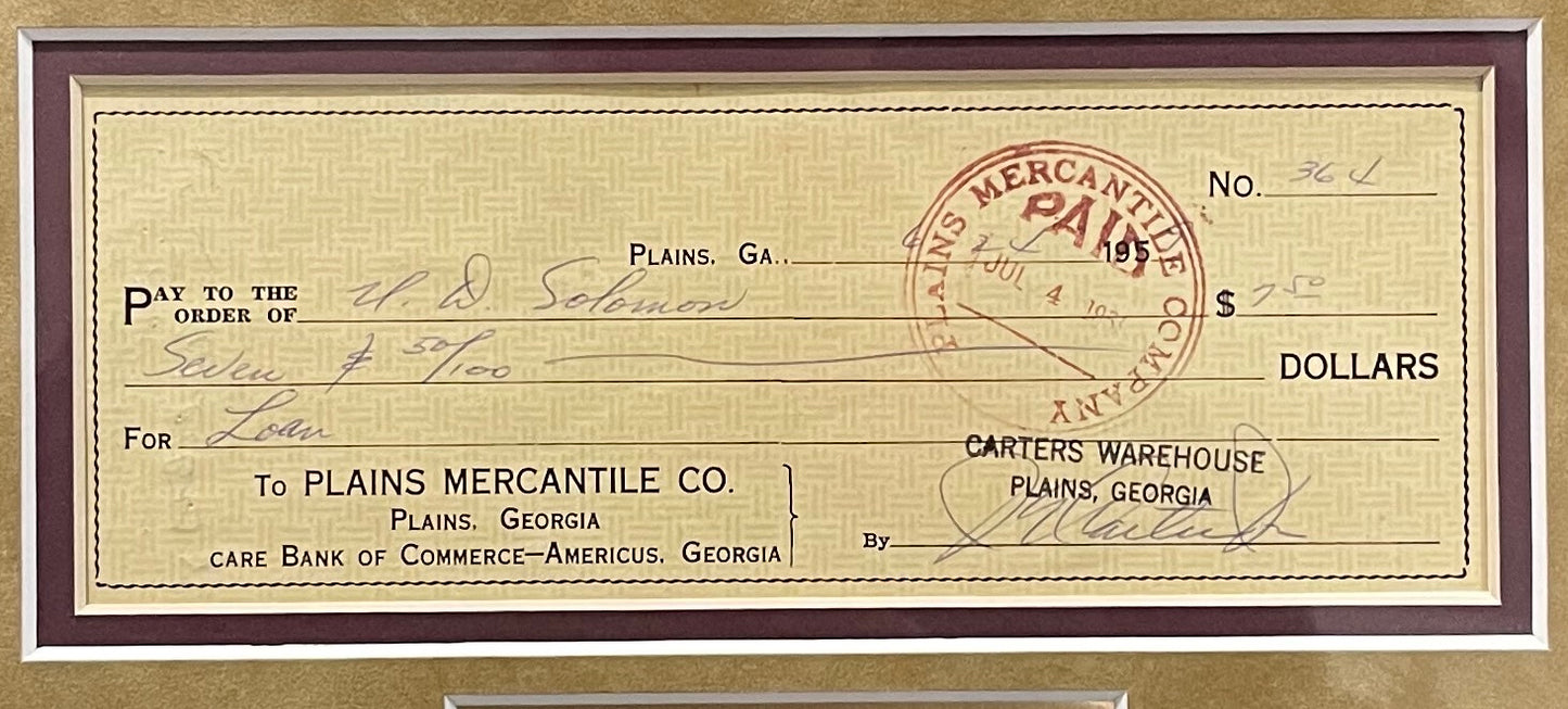 JIMMY CARTER FORMER PRESIDENT HAND SIGNED CHEQUE PRESENTATION WITH COA