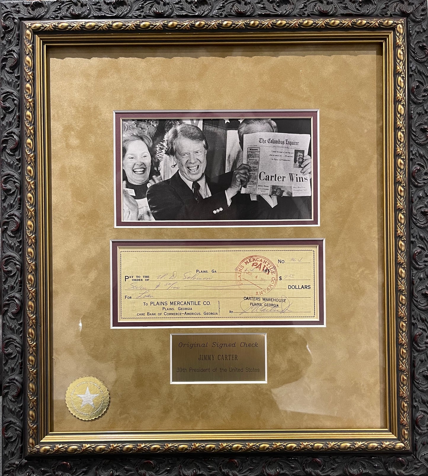 JIMMY CARTER FORMER PRESIDENT HAND SIGNED CHEQUE PRESENTATION WITH COA