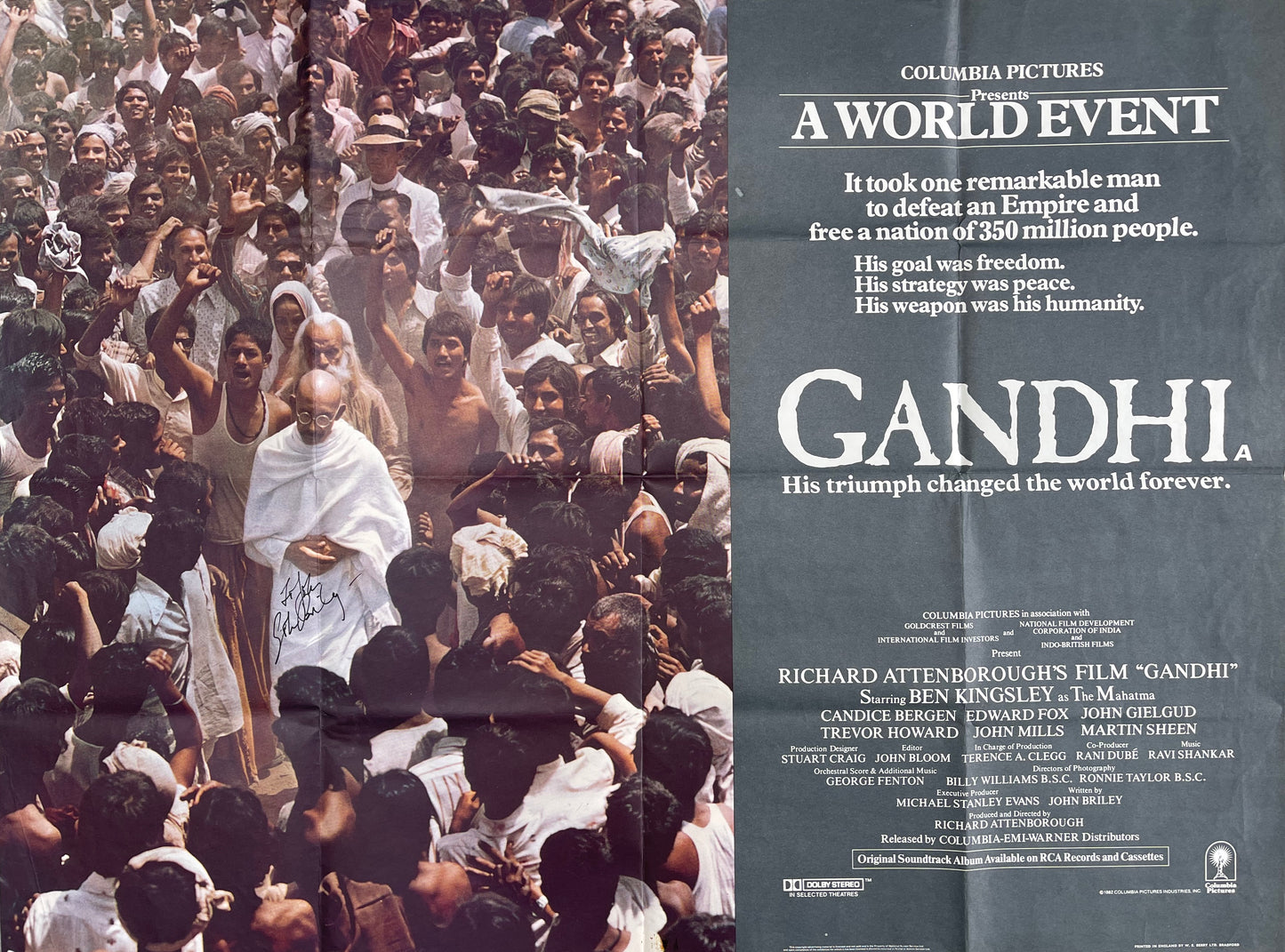 'GANDHI' HAND SIGNED BY JOHN BRILEY CINEMA POSTER WITH COA