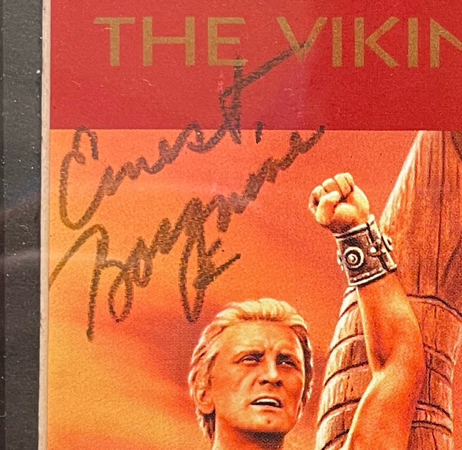 ERNEST BORGNINE RICHARD FLEISCHER HAND SIGNED 'THE VIKINGS' VIDEO COVER