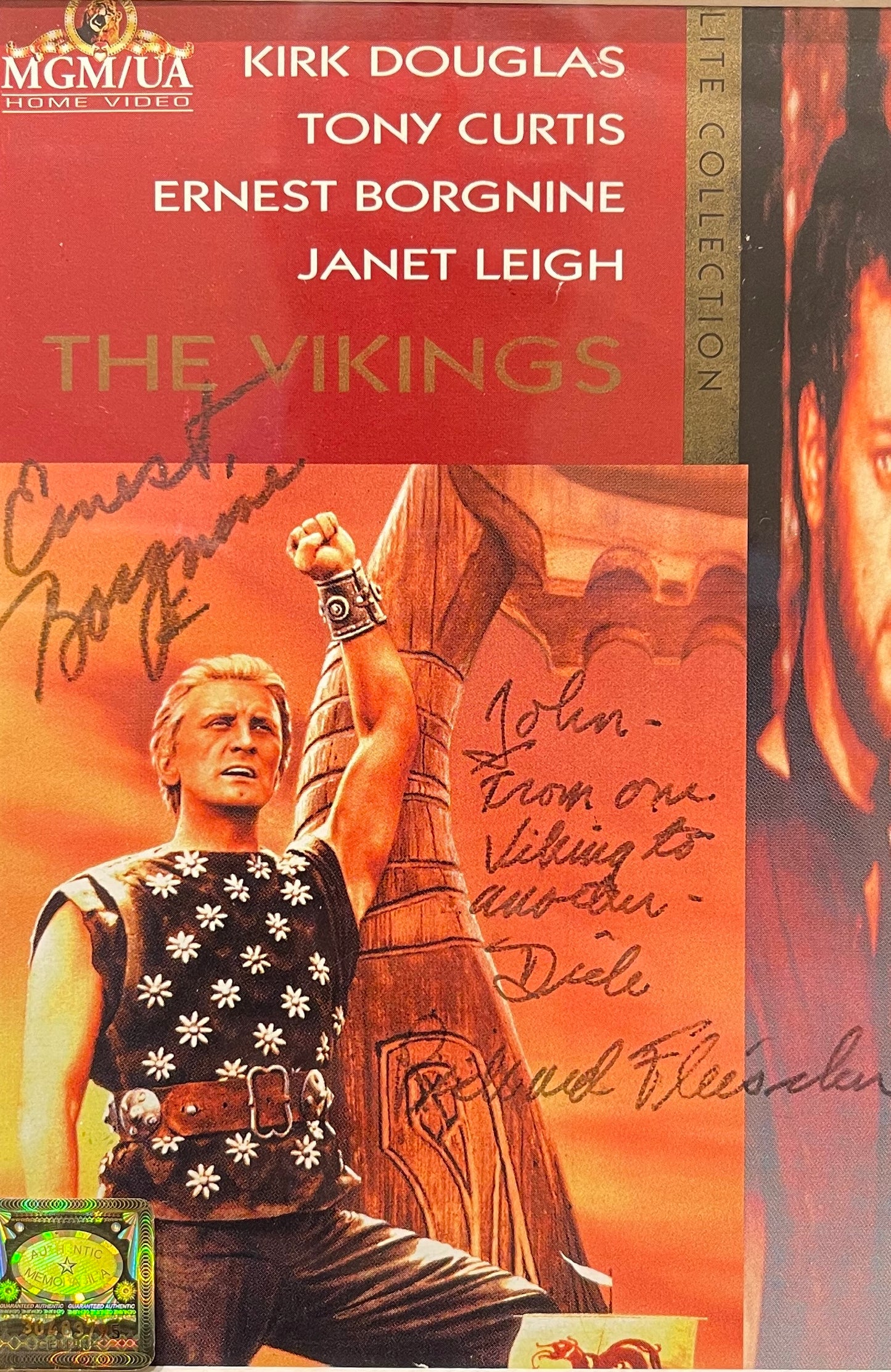 ERNEST BORGNINE RICHARD FLEISCHER HAND SIGNED 'THE VIKINGS' VIDEO COVER