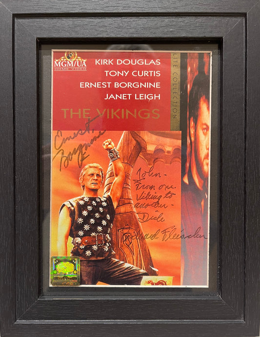 ERNEST BORGNINE RICHARD FLEISCHER HAND SIGNED 'THE VIKINGS' VIDEO COVER