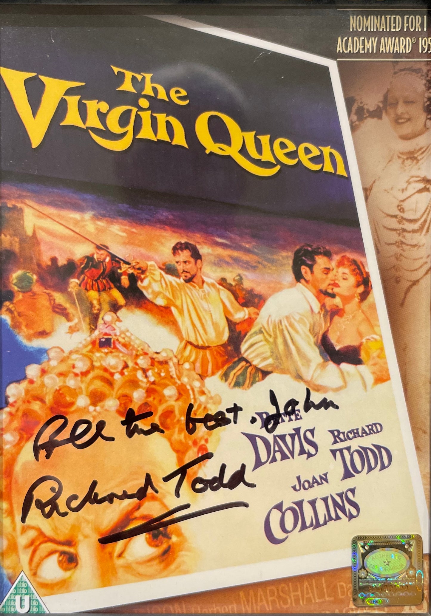 RICHARD TODD 'THE VIRGIN QUEEN' HAND SIGNED DVD COVER WITH COA