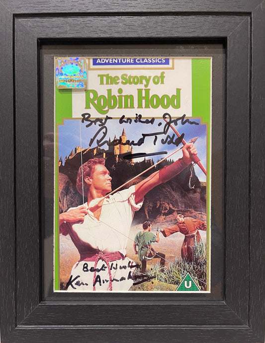 RICHARD TODD, KEN ANNAKIN, HAND SIGNED ROBIN HOOD VIDEO COVER WITH COA